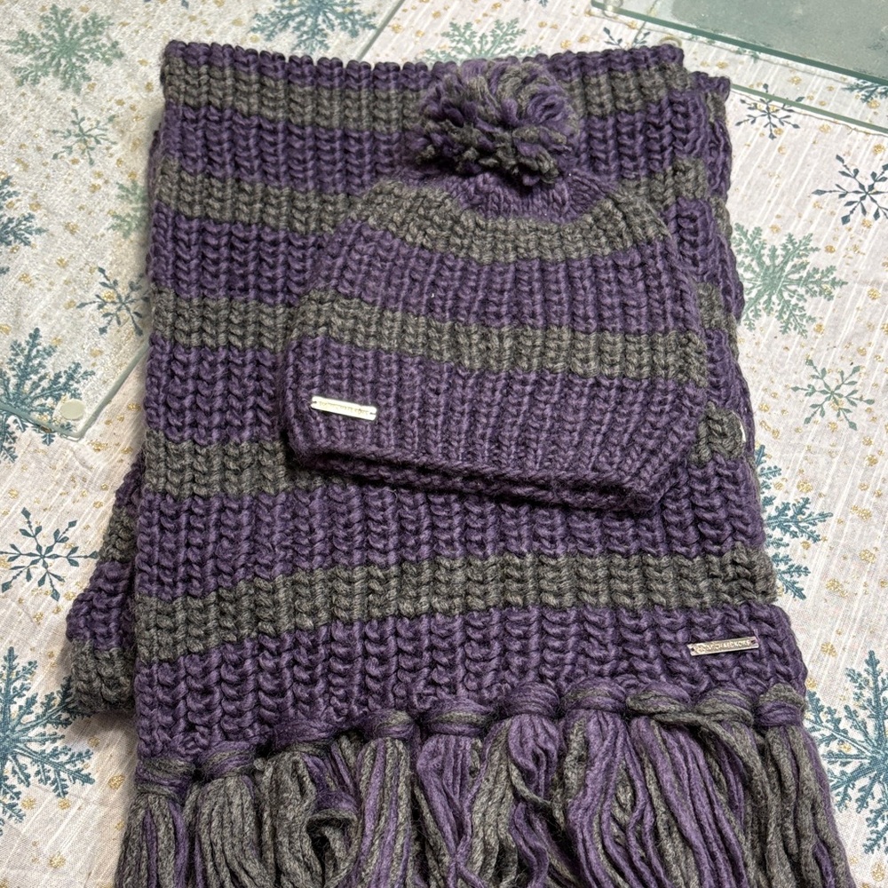Michael Kors Purple and Gray Knit Scarf and Beanie Set